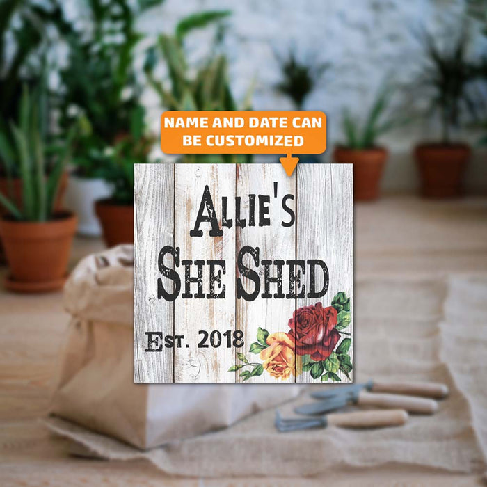 Personalized She Shed with Roses Farmhouse Style White Wood Sign B3-12120007001