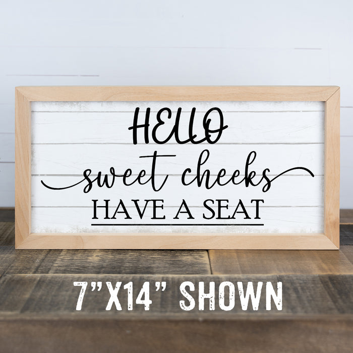 Hello Sweet Cheeks Funny Bathroom Sign Framed Wood