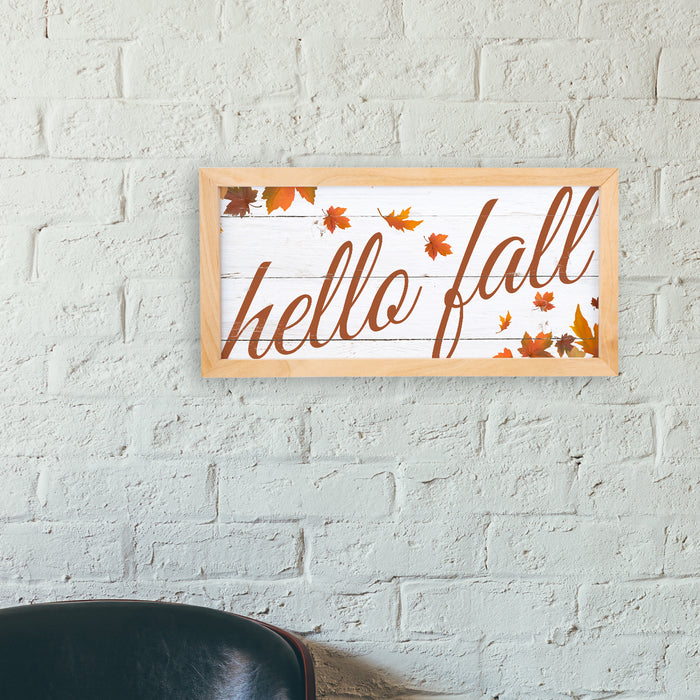 Hello Fall Sign Wood Framed Rustic Autumn Decor Leaves Color Thanksgiving Halloween 7x14 F1-07140003012