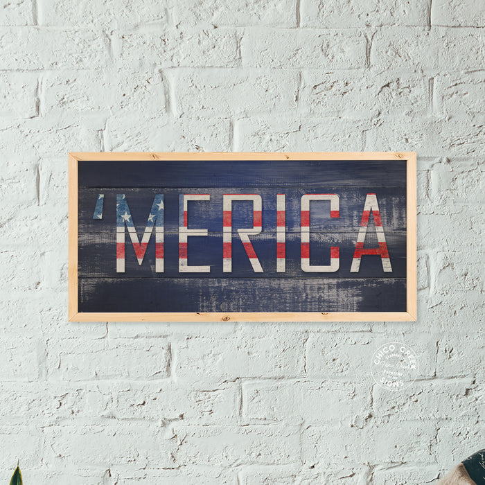 Merica Wood Framed Sign American Flag Patriotic Summer Decor F1-07140010014