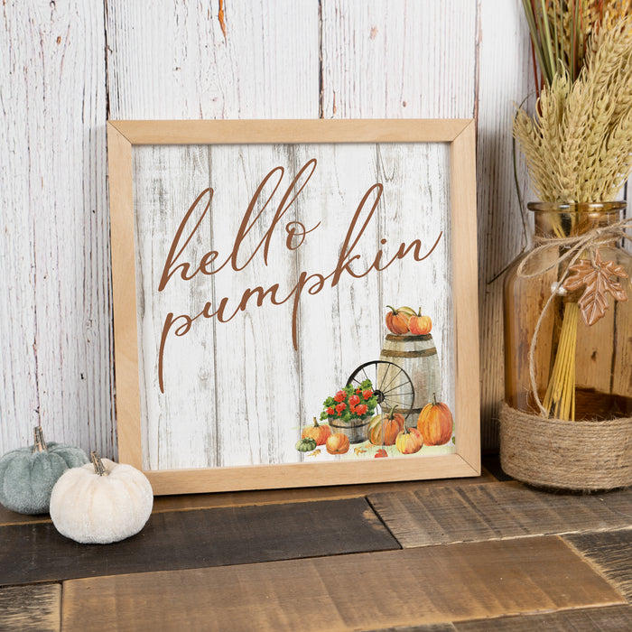 Hello Pumpkin Sign Fall Wood Framed Autumn Decor Rustic Home Gift Thanksgiving Fall Leaves F1-10100002005