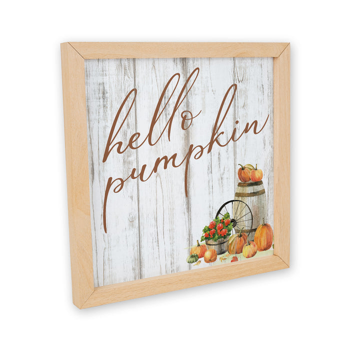 Hello Pumpkin Sign Fall Wood Framed Autumn Decor Rustic Home Gift Thanksgiving Fall Leaves F1-10100002005