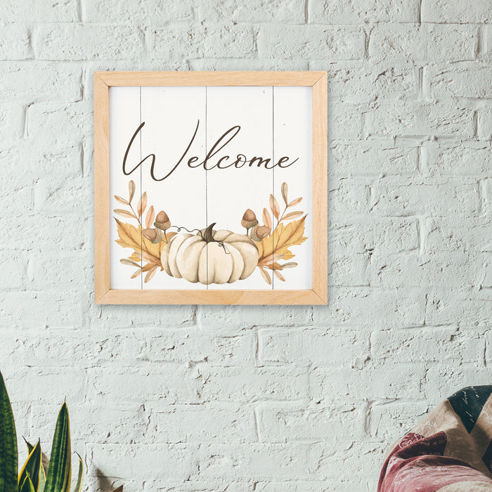 Welcome Fall Sign Wood Framed Autumn Decor Rustic Home November Thanksgiving Fall Leaves F1-10100002006