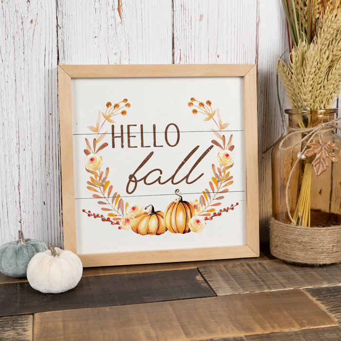 Hello Fall Sign Wood Framed Autumn Decor Rustic Home Pumpkin Thanksgiving Fall Leaves F1-10100002026