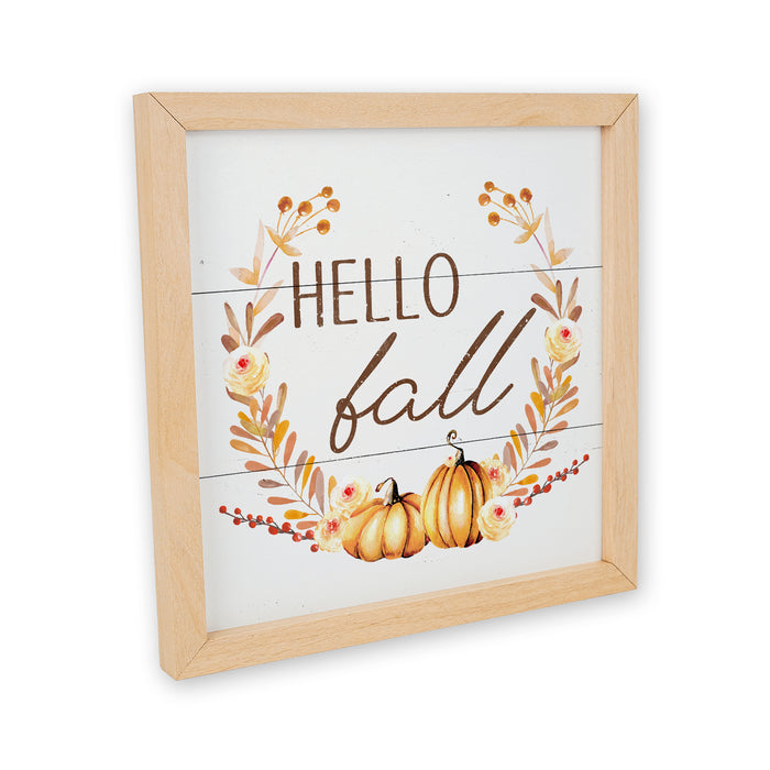 Hello Fall Sign Wood Framed Autumn Decor Rustic Home Pumpkin Thanksgiving Fall Leaves F1-10100002026