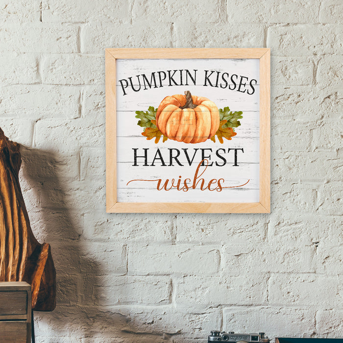 Pumpkin Kisses Harvest Wishes Decor Wood Framed Autumn Rustic Thanksgiving Fall Leaves F1-10100002029