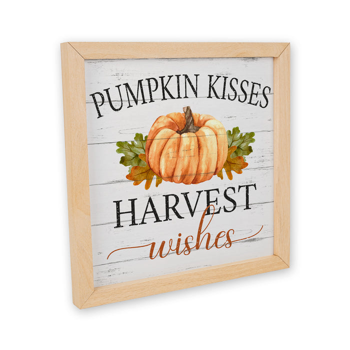 Pumpkin Kisses Harvest Wishes Decor Wood Framed Autumn Rustic Thanksgiving Fall Leaves F1-10100002029