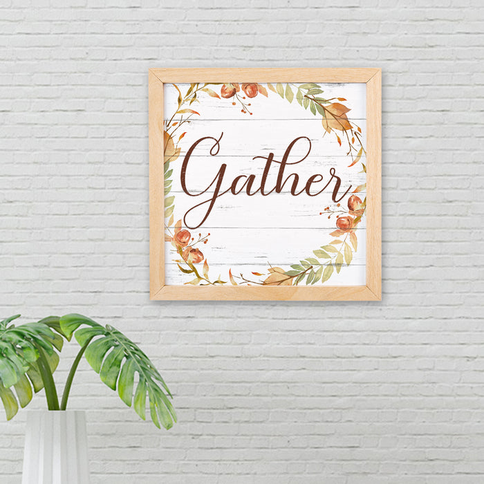 Gather Friend Family Guest Fall Sign Wood Framed Autumn Rustic Decor Thanksgiving Fall Leaves F1-10100002030