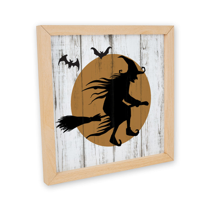 Flying Witch Spooky Sign Wood Framed Halloween Decor Rustic Home Fall Decoration Autumn Gifts 10x10 F1-10100003002