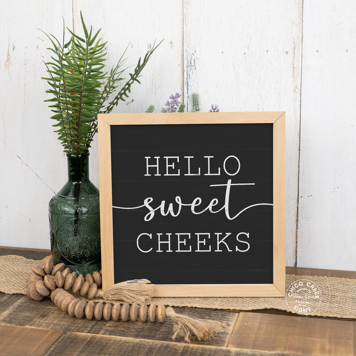 Hello Sweet Cheeks Wood Framed Sign Black Funny Bathroom Decor