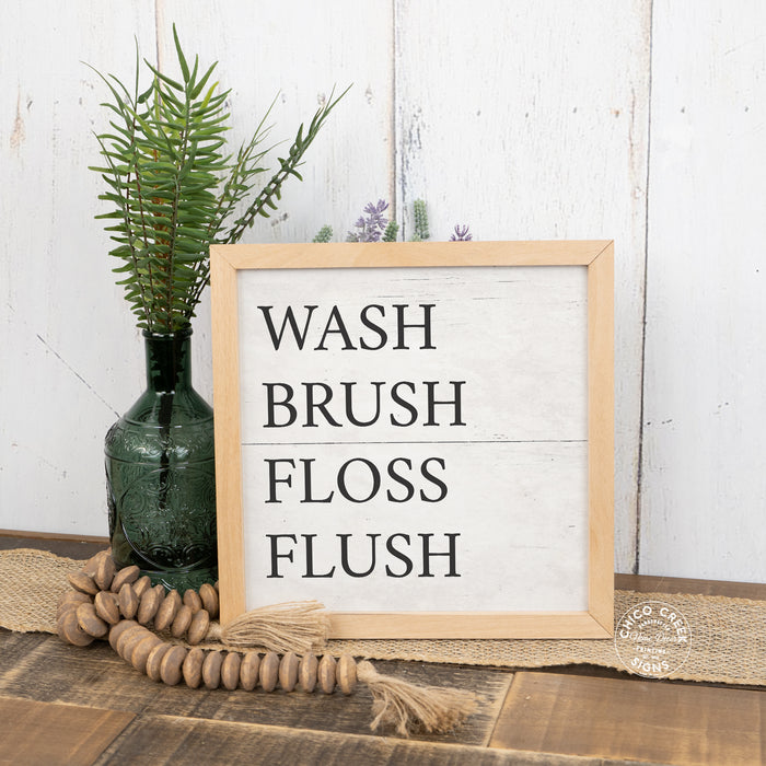 Wash Brush Floss Flush Wood Framed Bathroom Sign Sink Decor F1-10100009021