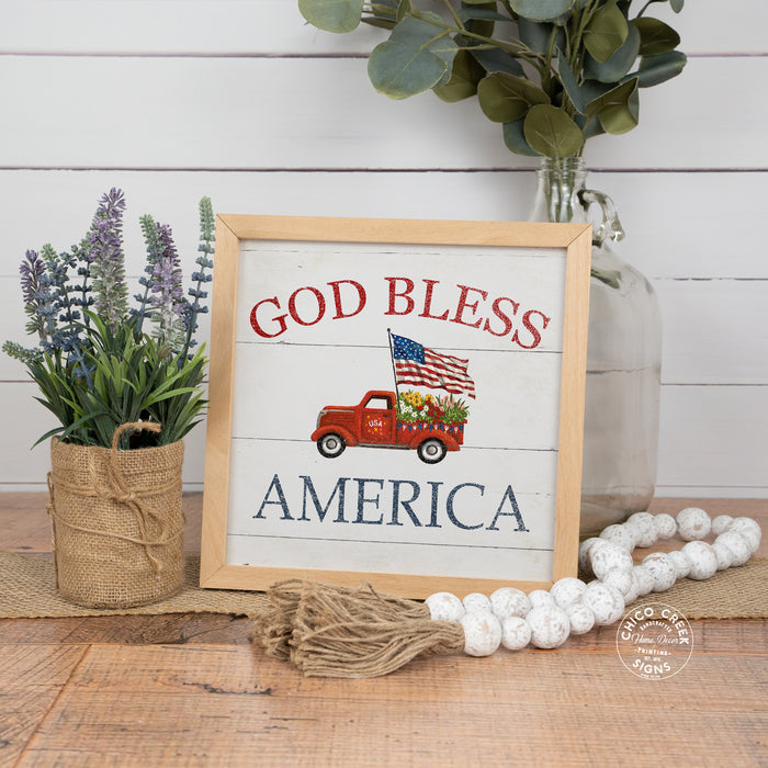 God Bless America Sign Framed Wood Patriotic Classic Truck Decor F1-10100010005