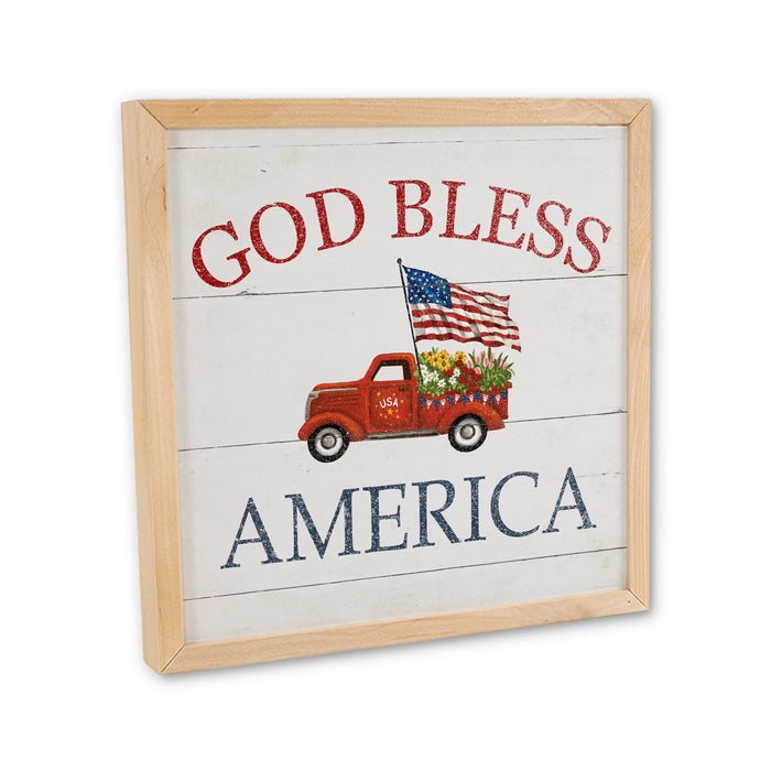 God Bless America Sign Framed Wood Patriotic Classic Truck Decor F1-10100010005