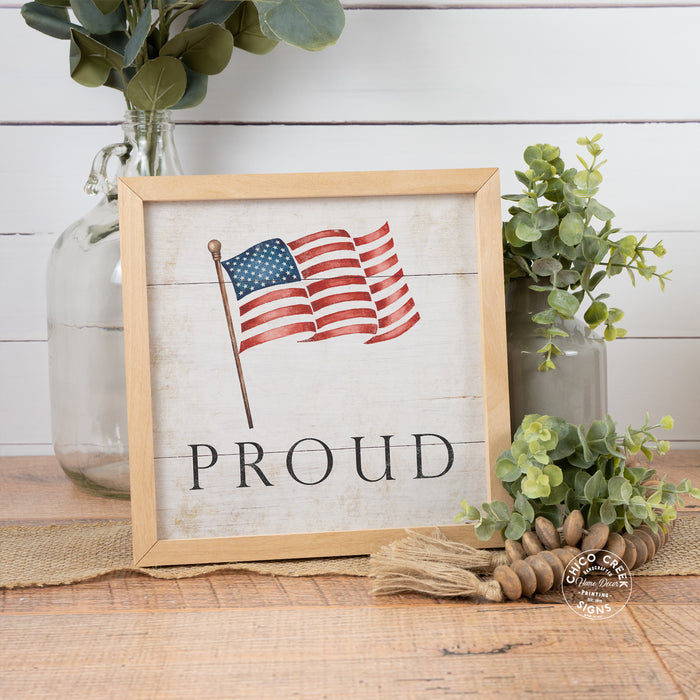 Proud American Flag Sign Framed Wood Patriotic Veteran Decor F1-10100010015