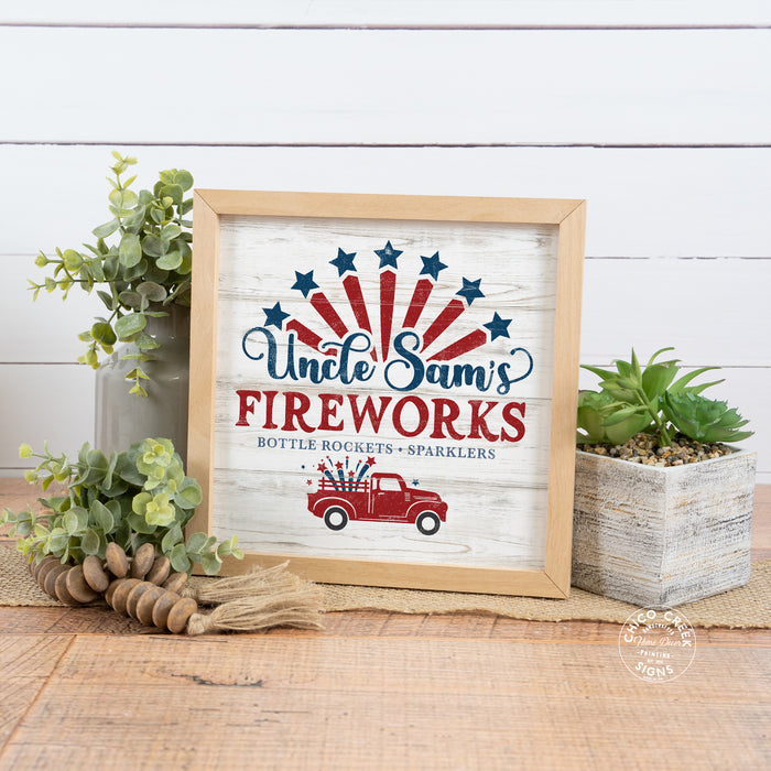 Uncle Sam Fireworks Sign Framed Wood Patriotic Firecracker Decor F1-10100010017